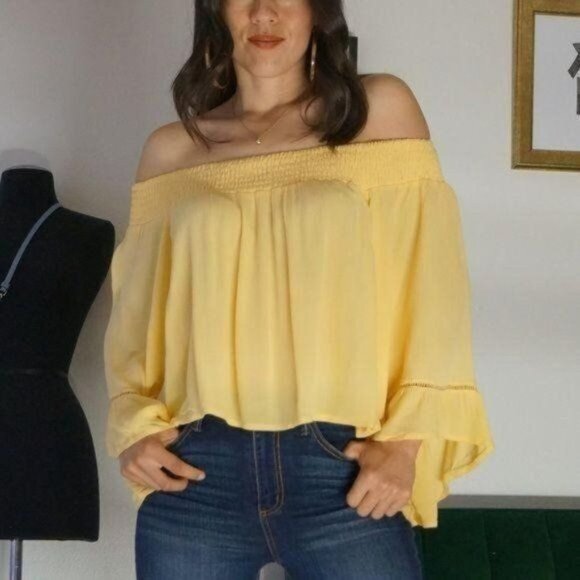 Yellow off the shoulder Loose Fit Top Bell Sleeves Size XS - Picture 1 of 7
